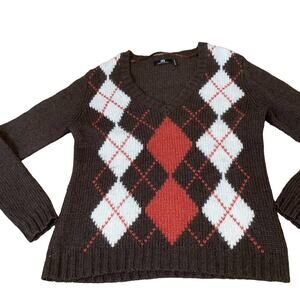 IB Diffusion sweater argyle chocolate brown/orange pull over long sleeve SZ XL